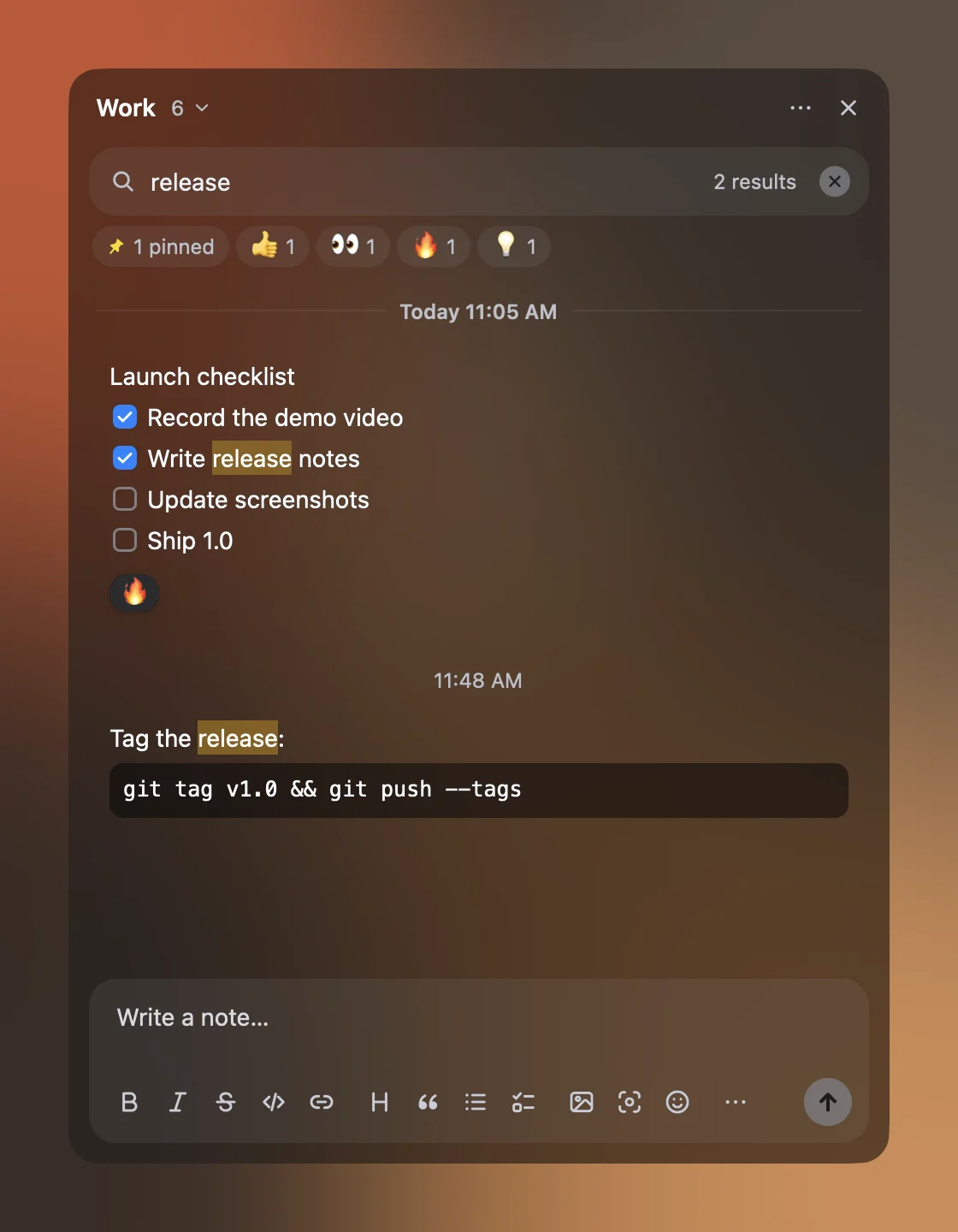 Papr's search for 'release' with two results highlighted, and filter pills for pinned notes and each reaction.