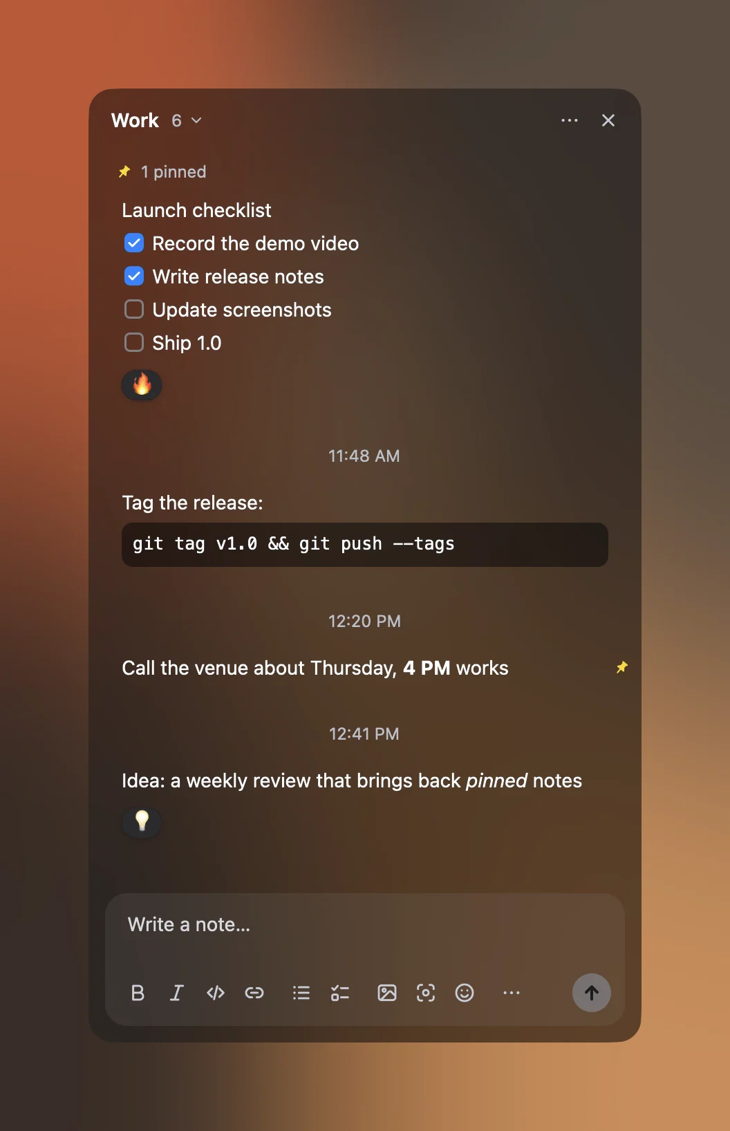 The Papr overlay showing a Work workspace: a launch checklist, a code block, a pinned note and emoji reactions, with the composer and formatting toolbar at the bottom.