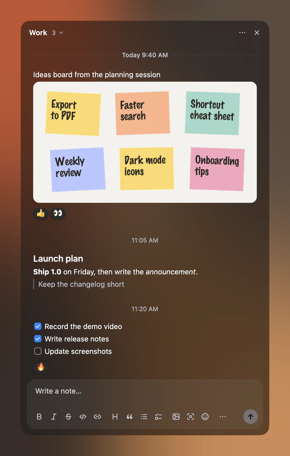 Three notes in Papr: an ideas board image with reactions, a 'Launch plan' heading with bold, italic and a quote, and a checklist with two items ticked.